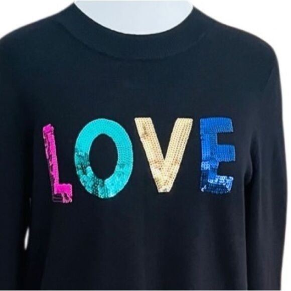 Marled Black Crew Sweater with Multicolor Sequin LOVE Design size Small. - Picture 2 of 7